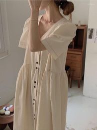 Casual Dresses Summer Fashion Women's Long Skirt Loose Cotton And Linen V-neck Temperament Commuter Single-breasted Dress