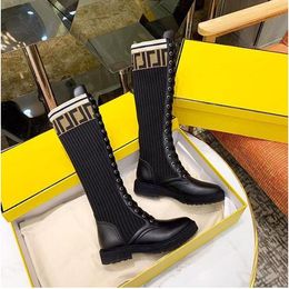 Women 'S Knee Boots Half Boot Lace Shoes Designer Luxury F Letter Knitting Sexy Fashion Outdoor Socks Ladies Flat Elastic Size 35-41 With Box