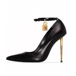 TF Gold Buckle Decorative Slim High Heel Women's Leather Metal Pointy Head Sexy Fashion Foot Loopdress 11CM Designer Party Dress Shoes 501