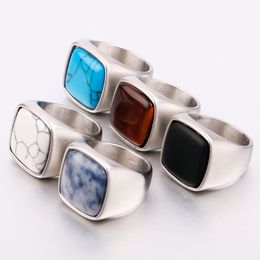 8/9/10/11/12/13 Stainless Steel Men Women Ring Black White Red Tiger Eye Colour Agate Stone Vintage Punk FingerJewelry Waterproof Never Fade Male Gift Accessory