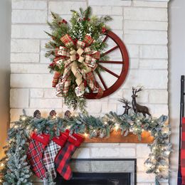 Decorative Flowers Christmas Winter Wreath Door Pendants Farmhouse Wagon Wheel 2022 Front Year Ornaments