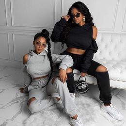 Women's Two Piece Pants Women 2 Set Outfits Tracksuit For Fall Cothes 2022 Zipper Hole Long Sleeve Hooded Sweatshirt Wholesale