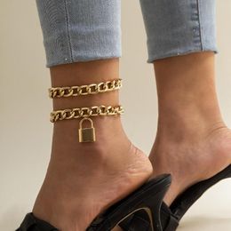 Anklets Retro Simple Padlock Pendant Anklet Women's 2022 Summer Fashion Beach Feet Nude Gold Metal Thick Girls Jewellery
