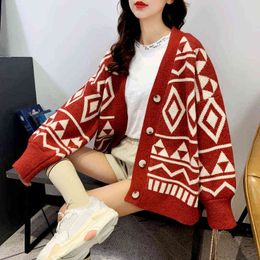 Women's Sweaters Women's Vests Long Sleeve Knitted Argyle Sweater Jacket Women Korean Style 2021 Autumn Winte Lui Oversized Harajuku Jacket J220915