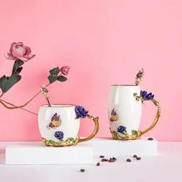 Mugs Luxury Rose Enamel Coffee Mug Flower Tea Ceramic Cup For And Cold Drinks Breakfast Milk Spoon Set Perfect Wedding Gift