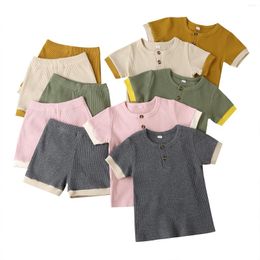 Clothing Sets 2022 Fashion Kids Ribbed Patchwork Suit Set Unisex Round Neck Short Sleeve Pullover Pants For Summer 18M-6T Baby Girl Boy