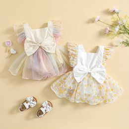 mesh bows Australia - Rompers Newborn Baby Girl Romper Mesh Dress Sleeveless Floral Bow Decor Playsuits Jumpsuit Baby Princess Summer Clothing Outfits J220922