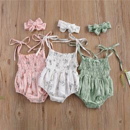 Rompers 2021 Summer Newborn Baby Girls Rompers Headband 2 Piece Floral Print Sleeveless Belt Jumpsuits 018M 3 Colours J220922