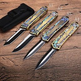 gold alloy wire NZ - Gold Color AUTO Tactical knife 440C Black Oxide Wire Drawing Blade Abalone shell & Aluminum alloy Handle With Nylon Bag221H