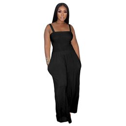 Women Jumpsuits Sexy Loose Halter Strapless Tube Top Rompers Casual Solid Color Wide Leg Jumpsuit with Pockets