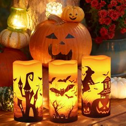 Party Decoration Halloween Flameless Flickering Candles LED Warm Light with Witch Bats Castle Printing Premium Festive Mood Ornaments 3 PCS Set 220922