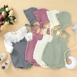 Rompers 2022 Baby Spring Autumn Clothes Set Knitted Romper Triangle Cross Button Jumpsuit Hats Toddler Baby Boys Girls 2 Piece J220922