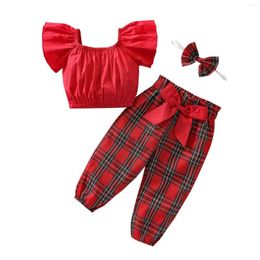 Clothing Sets 2022 Toddler Baby Girl 2Pcs Fashion Set Red Off Shoulder Top Plaid Pants Outfit 0-3Years