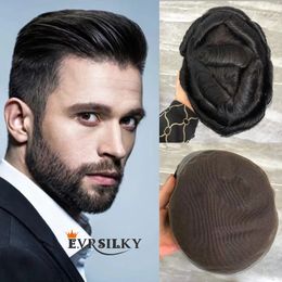 Breathable Australian Men Toupees Virgin French Lace With PU Around Natural Hairline Black Male Hair 6x8 Wavy Wigs Replacement