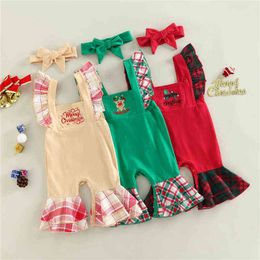 Rompers Toddler Baby Girl Boy Christmas Jumpsuit Letter Cartoon Embroidery Plaid Patchwork Rompers Flare Pants With Headband J220922