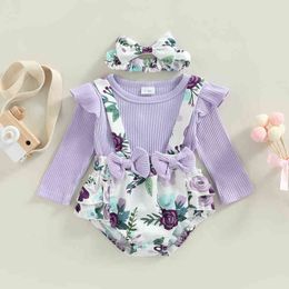 Rompers Girls Floral Jumpsuit Autumn Baby Clothes Girl Long Sleeve Rompers Headband Kids Outfits Girl 2PCS Set Newborn Rompers J220922
