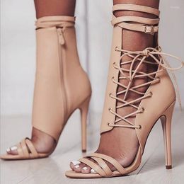 Sandals Summer Hollow Out Cross-Tied Lace Up Women Sexy Peep Toe Zip Ankle Buckle Strap High Heel Shoes Roman Fashion
