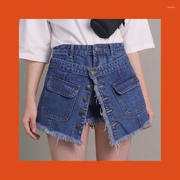 Women's Shorts Women's 2 Way Wear Front Button Pocket Skirts Ripped Frayed Tassel Denim 2022 Women High Waist Short Jeans Blue Black