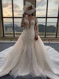 Luxury Lace Mermaid Wedding Dress With Detachable Train 2022 Long Sleeve O Neck Plus Size Country Bride Sheer Neck Robe De Mariee Romantic Appliques Bridal Gowns