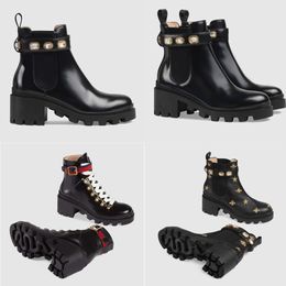 Winter woman pop ankle boot black patent leathers belt rhinestone embroidered boots Lace-up Shoe Rubber lug sole and embroidered chunky heel