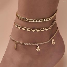 Anklets Boho Multilayer Classic Heart Lock Pendant Anklet Set Women's Summer Fashion Beach Bracelet Girl Birthday Party Jewelry