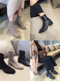 2023 designer Luxury solid color Martin boots women's autumn and winter leather cold protection plus cashmere shoes cashmere square toe socks thin Elastic ankle boot