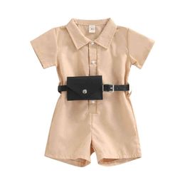 Rompers 04Y Toddler Kids Boys Girls Rompers Solid Colour TurnDown Collar Short Sleeve Jumpsuit Summer Playsuit With Waist Bag J220922