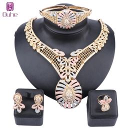 Wedding Dress Costume Women Party Gold Colourful Crystal Necklace Bracelet Earrings Ring Holiday Jewellery Sets