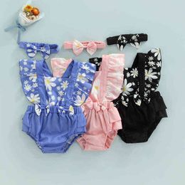 Rompers 2022 Summer Rompers Baby Girls Cute Fly Sleeve Flower Printed Baby Kids Elastic Waist Ruffle Playsuit Jumpsuits J220922