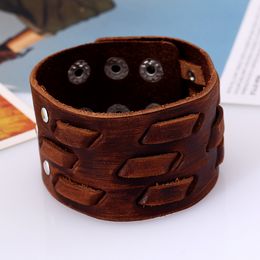 Motorcycle Brown Weave Leather Bangle Cuff Multilayer Wrap Button Adjustable Bracelet Wristand for Men Women Fashion Jewellery