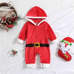 Rompers Baby Girls Boys Christmas Romper Red Newborn Velvet Long Sleeves Hooded Jumpsuit Kids Christmas Clothes 2023 New Coming J220922