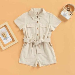 Rompers Kids Girls Summer Clothes Casual Romper Solid Color Short Sleeves ButtonDown Lapel Jumpsuit Playsuit With Belt J220922