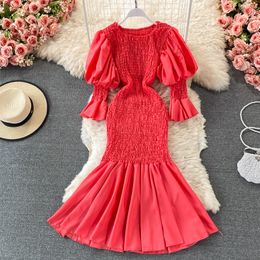 Yujie Light and familiar dress OL temperament fishtail New style bubble sleeve ruffle wrap hip long skirt