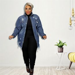 Women s Plus Size Outerwear Coats Street Wear Fashion Jacket 4xl 5xl Cardigan Tassel Pocket Ripped Sexy Denim Trench Coat Wholesale Drop 220922