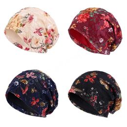 Printed Mesh Lace Beanie Hats Muslim Womens Double Layer Elastic Wrap Turban Cap Fashion Femme Floral Hair Loss Chemo Bonnet