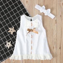 Girl Dresses 0-12M Infant Clothing Round Collar Short Sleeve Solid Color Lace White Dress Bow Head Scarf Girl's Wear Suit Ropa