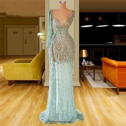 Mint Green One Shoulder Prom Dresses Illusion Mermaid Party Dresses Sequins Side Split Lace Custom Made Evening Dress