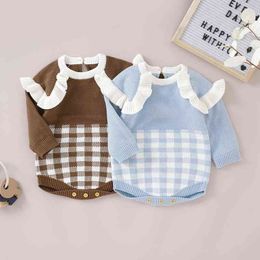 Rompers Autumn Winter Princess Toddler Baby Girls Knit Romper Cute Long Sleeves Ruffle Plaid Jumpsuit Fall Winter Clothes For Girl J220922