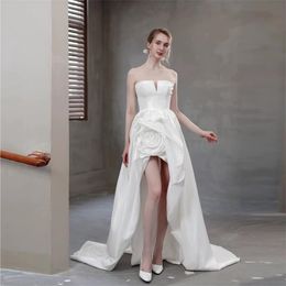 New wedding dress Tube top plain high slit retro front skirt plate flower front short back long tail care light LD8021