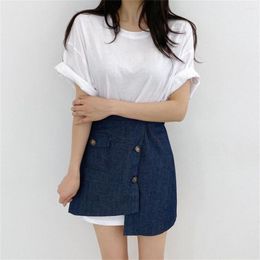 Work Dresses HziriP 2022 Chic White Girl Slim Sexy Summer T-Shirt Dress A-Line High Waist Denim Femme Mini Skirts Suits 2 Piece Sets