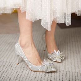 Dress Shoes Wedding Women 2022 Crystal Pointed-toe High-heeled Bride Silver Famous Sequins Hundreds Of