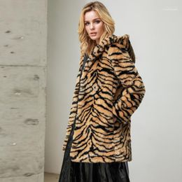 Women's Jackets Autumn Winter Women's Casual Long Sleeve Top Leopard Faux Fur Outwear Cardigan Loose Hooded Pocket Plush Coat L0807