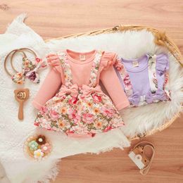 Rompers Baby Girl Clothes Autumn New Cotton Flowers Printed Triangle Bodysuit Jumpsuit Long Sleeves Playsuit For Newborn Two Piece J220922