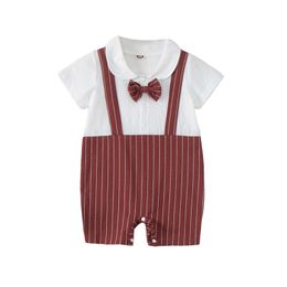 Rompers Newborn Boy Short Sleeve Romper Stripe Pattern Patchwork Bow Button Decor Button Toy Suit Casual Simple Jumpsuit Clothing J220922