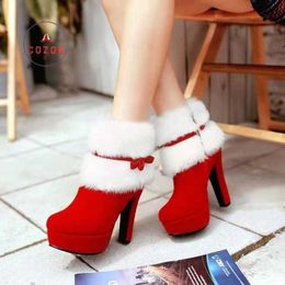 Boots 2022 Winter Women Christmas Ankle High Heels Ladies Shoes Femme Warm Short Red Black Plus Size 34-43 Y2209