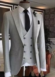 Brand New Lighht Grey Groom Tuxedos Notch Lapel Slim Fit Groomsmen Wedding Dress Excellent Man Jacket Blazer 3 Piece Suit