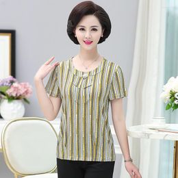Women's T Shirts Short Sleeve Top Middle Age Women Stripe T-Shirts Summer Mother Clothes Printed O-neck Tshirt Pullover