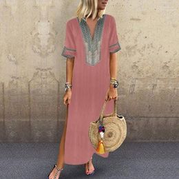 Casual Dresses Zoulv 2022 Summer Sleeveless Boho Beach Vintage V-Neck Plus Size Party Dress Women Long Side Split Print