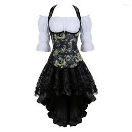 Bustiers & Corsets Women Gothic Corset Dress Embroidery Floral Underbust Vest Renaissance Blouse Asymmetrical Lace Skirt Set Three-Pieces