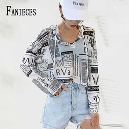 Women's T-Shirt Newspaper letters Print Pattern Chiffon Tee Shirt Women Hollow Summer Tops streetwear long Sleeve translucent T-shirt beachwear T220923